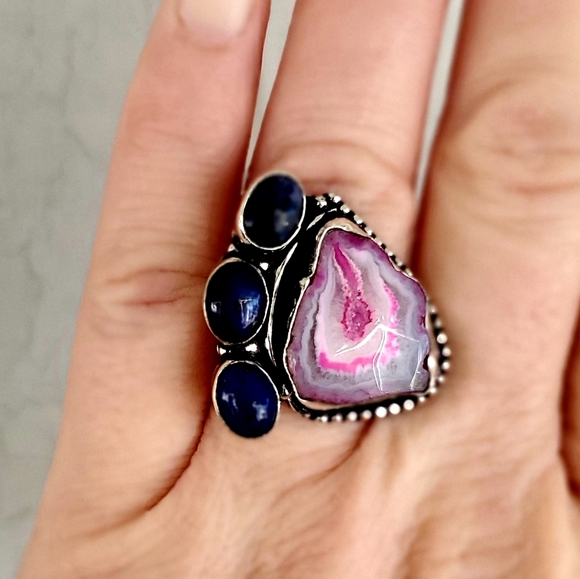 New Solar Agate & Lapis Lazuli 925 Silver Ring. - Picture 6 of 8
